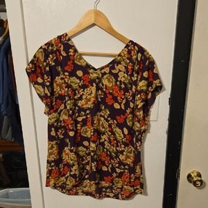 Floral V-Neck Women's Top - Purple and Orange